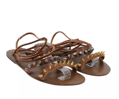 Gucci Men Gladiator Sandals G11 US11.5 Brown Leather Strapped Studded Rope Flats • $694.99