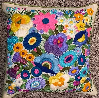 Vintage 70’s/80’s Heavily Embroidered Floral Throw Pillow Hand Made 14.5 X 14.5 • $49.99