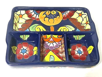 Talavera Mexican Folk Art Pottery Divided Serving Dish Appetizer Trinket Tray • $20