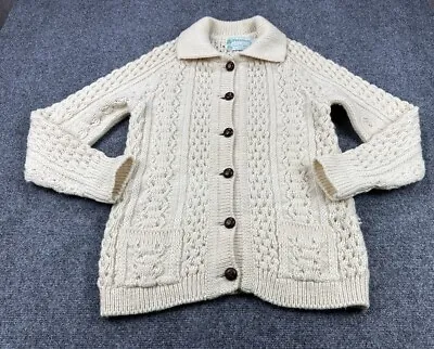 VTG Malinmore Pure Wool Button Down Cardigan Jacket Sz 38 Ivory Fisherman Cable • $35