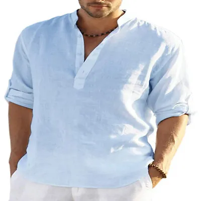 Mens Cotton Linen Summer Solid Beach Shirts Casual Loose Short Sleeve Blouse Top • £10.99