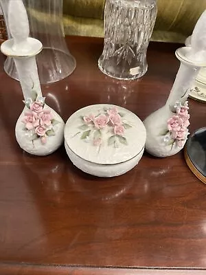 Vintage White Porcelain  Perfume Bottle Japan Vanity Set Pink Roses Swan • $5