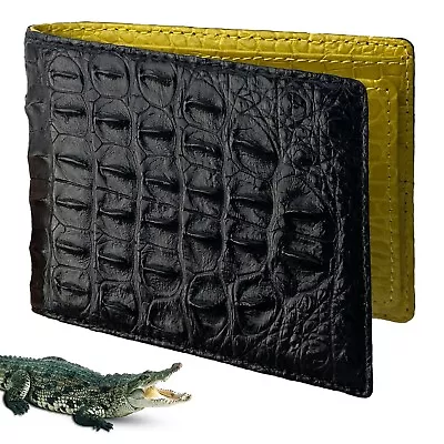 Black Bifold Wallet Genuine Crocodile Hornback Leather Men's Coin Holder Vintage • $89