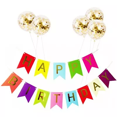 Happy Birthday Bunting Banner And 5 Latex Confetti Balloons Pink Rainbow Party • £3.99