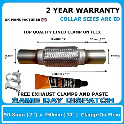 £9.50 • Buy Clamp On 50mm X 250mm Exhaust Flexible Joint Repair Flexi Pipe Tube Flex