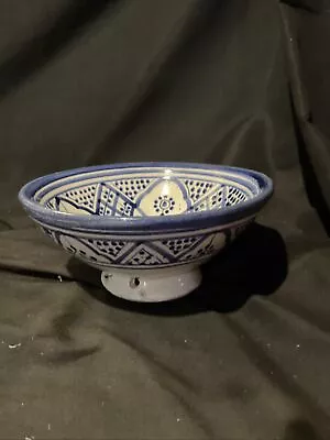 Moroccan Hand Painted Pottery  4x9 In Blue A D White Bowl • $24