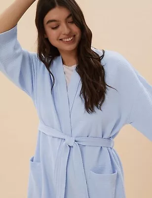 £12 • Buy EX M&S Pure Cotton Pale Blue Waffle Dressing Gown BNWT Size L