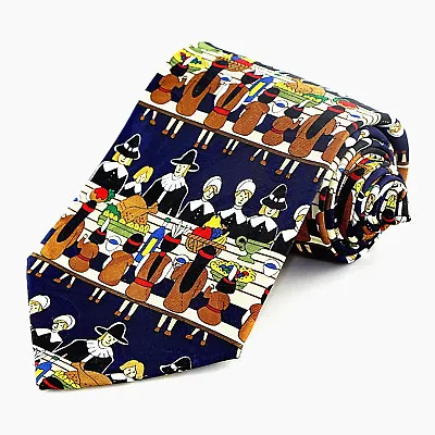 The First Thanksgiving Men's Necktie Turkey Dinner Pilgims Indians Blue Neck Tie • $17.95