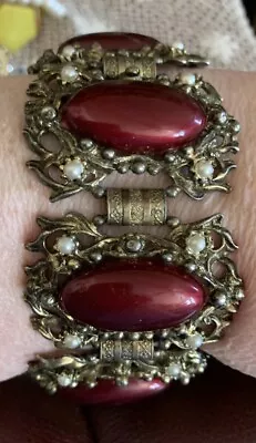 Maroon Plum Cabochon Large Wide 5 Link Bracelet Seed Pearl Brass Tone Vintage • $29.99