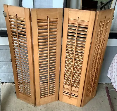 Vtg  Pair Rustic Wood Louver Window Shutters Salvage Shabby Chic Wooden 4 Panels • $99.99