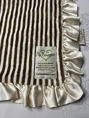My Blankee Brown & Cream Striped With Satin Ruffled Trim Baby Crib Blanket ~ USA • $24.99