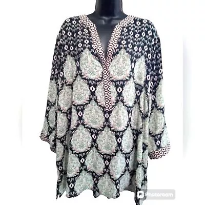 Rose + Olive Shirt 3X Tunic Style Top Bohemian Henley Neckline Geometric Designs • $20