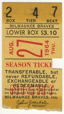 1964 MILWAUKEE BRAVES Vs SF GIANTS Ticket Stub HANK AARON 3 Hits 8/27/64 • $17.49