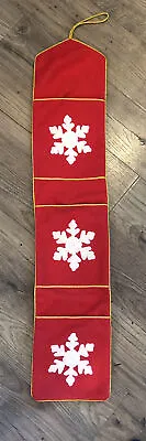 Vintage Christmas Card Holder 3 Pockets Red Snowflakes Gold Trim Wool/Satin • $20