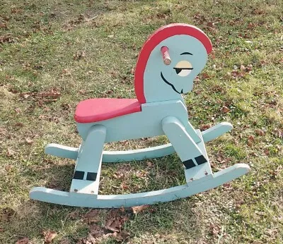 Vintage Cute Wooden Rocking Horse Child Size Toddler Rideable Blue And Red • $44.99