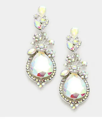 3” Long Silver Clear Aurora Borealis AB Austrian Crystal Pageant Earrings Pierce • $14