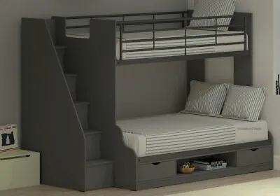 £589 • Buy Anthracite Grey Trio Bunk Beds With Stairs - Storage In Staircase - Drawers