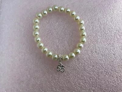 65th  BIRTHDAY GIFT BRACELET CREAM GLASS PEARL BEADS AGE 65 CHARM GIFT BAG • £4.39