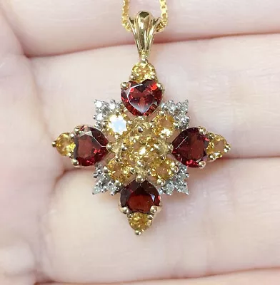 10K Garnet Citrine Diamond Heart Red Snowflake Star Yellow Gold Cluster Pendant • $284.99