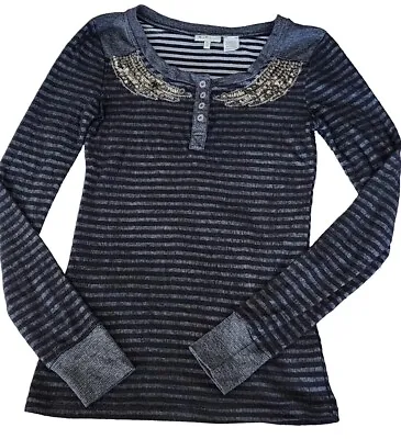 Miss Me Women’s Long Sleeve Black & Gray Stripes Shirt With Gold Sequins Size XL • $17.99