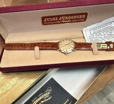 Vtg  Jules Jurgensen 14K Solid Gold Sub Dial Manual Wind Men's Watch Ships Today • $799.99