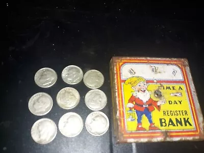 Coins 9 1946 To1964 Dimes Tin Vintage Thrifty Elf Dime A Day Register Bank. • $40