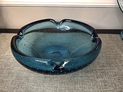 Vintage Italian Murano Art Glass Lg Blue Bullicante Control Bubble Bowl Ashtray • $24.99