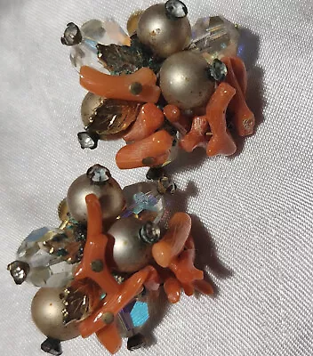 Vendome Coral And Fx Pearl Clip Vtg. Earrings • $9.99