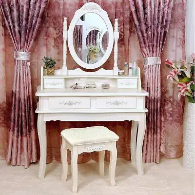 White Vanity Makeup Dressing Table Set W/Stool 4 Drawer&Mirror Jewelry Wood Desk • $112.99