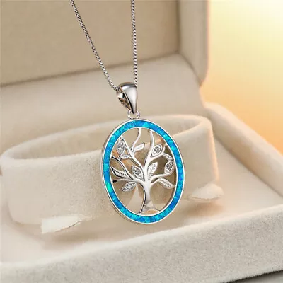 Women Silver Hollow Life Tree Pendant Blue Simulated Opal Necklace Bride Jewelry • $0.04