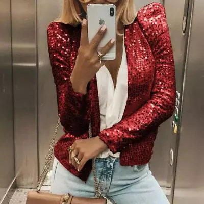 UK Women Sequin Coat Short Glitter Jacket Ladies Blazer Fashion Party Outwear • £11.80