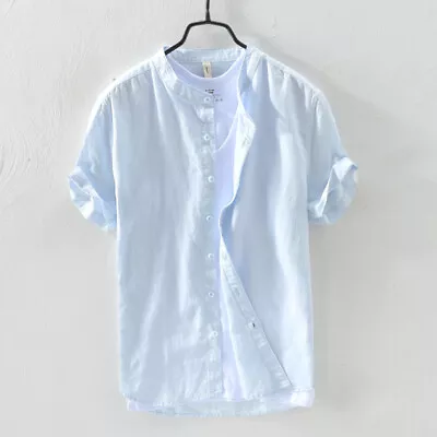 Summer Short Sleeve Mandarin Collar Shirt New Chinese Men Linen Cotton Shirts • $14.99