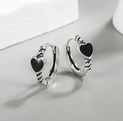 925 Sterling Silver Black Love Heart Hoop Jewellery Girls Women Earrings Gift UK • £3.99