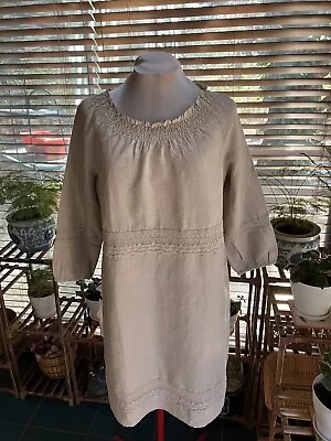 J.JILL NWT Linen And Lace FlaxOatmeal 3/4 SleeveSmocked Neck Dress Large • $22.50