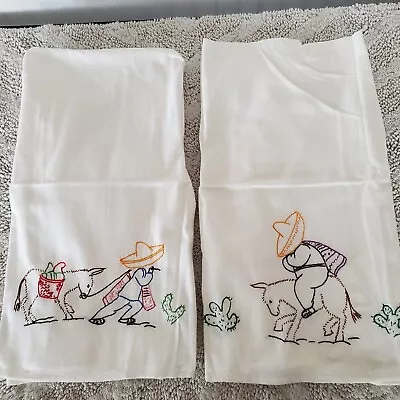 2 White Tea Towels Colorful Rural Mexico Hand Embroidered Burro Rider Scenes NEW • $20