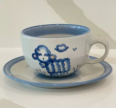 MA Hadley Pottery LAMB The End Coffee Cup And Saucer Hand Painted Blue (10784) • $29.95