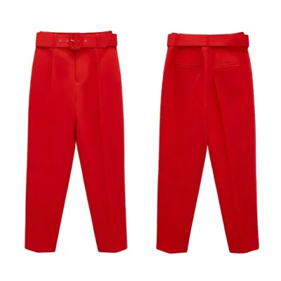 ZARA NWT L High Waisted Belted Pants Trousers With Belt Coral Orange 2270/789 • $45