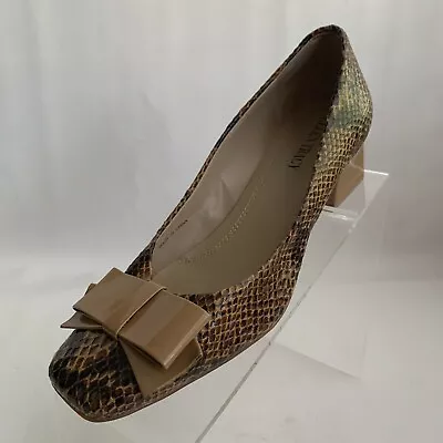 Ellen Tracy Barton Pumps Snake Print Brown Leather Brown Patent Bow Shoes Sz 7M • $39.95