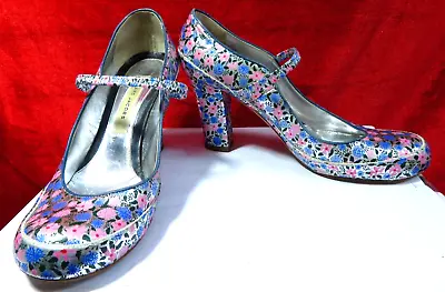 MARC JACOBS Silver Metallic Pink Blue Floral Leather Court Heel Shoes UK 4 EU37 • £29.99