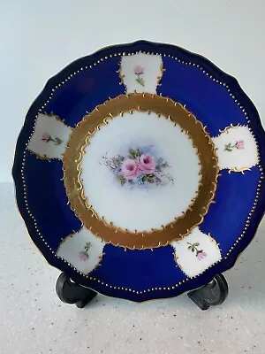 Hand Painted Porcelain Plate Flowers. Royal Blue / Gold With Delicate Pink Roses • £17.50