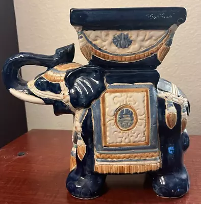 Vintage Asian Cobalt Majolica Art Pottery Glazed Blue & Gold Elephant Planter • $72