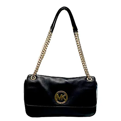 Michael Kors Fulton Flap Black Pebbled Small Leather Shoulder Bag Purse • $74.95