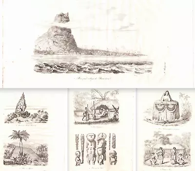 1834 D'Urville Engravings (4)~ Carved TIKI ~HULA Dancers Etc.~ TAHITI ~Polynesia • $24