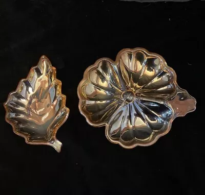 Lot Of 2 Marigold Carnival Glass Leaf And Hibiscus Flower Candy Trinket Dishes • $18