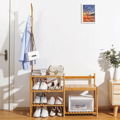 $49.99 • Buy Shoe Storage Bench With Coat Rack Bamboo Hall Tree Shoe Organizer Storage Shelf