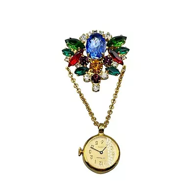 Vintage Multi Color Rhinestones Brooch Dangling Pocket Clock Watch Gold Tone • $25