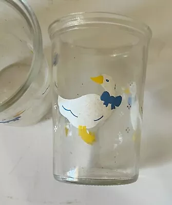 BAMA Jelly Jar White Ducks Geese Blue Bows Juice Glasses Vintage LOT OF 4 • $15.99