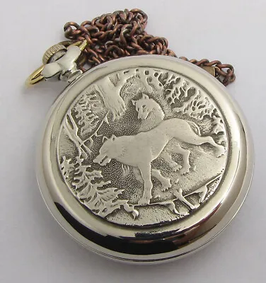 ☭NICE Vintage Molnija Molnia WOLVES Wolf USSR Soviet Pocket Watch CHAIN SERVICED • $97