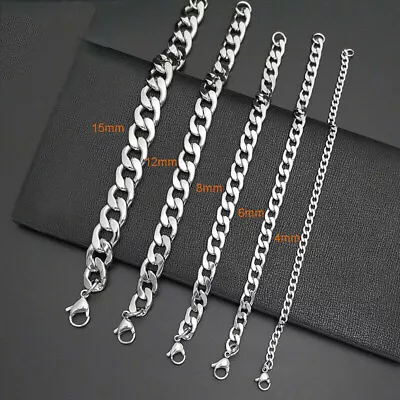 Mens Cuban Chain Bracelet 3MM-15MM Stainless Steel Curb Retro Link Chunky 18CM • £3.99