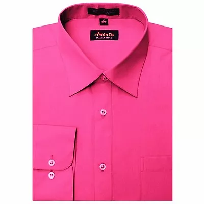 Mens Dress Shirt Fuchsia Hot Pink Modern Fit Wrinkle-Free Cotton Blend Amanti • $21.95